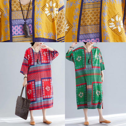 Vivid v neck side open cotton quilting dresses Tutorials yellow print long Dresses summer - SooLinen