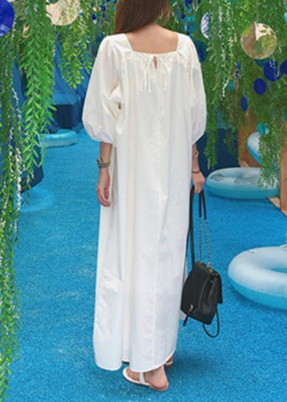 Vivid white cotton clothes o neck Bow Maxi summer Dress - SooLinen