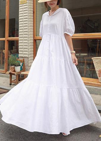 Vivid white linen clothes For Women Peter pan Collar Ruffles long Dress - SooLinen