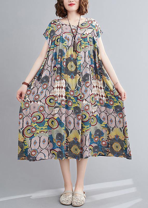 Vivid yellow print outfit o neck Cinched baggy summer Dress - SooLinen