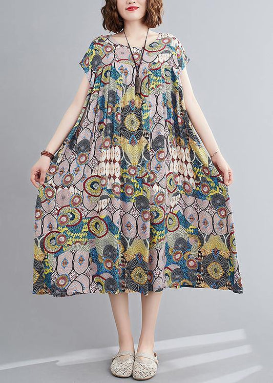 Vivid yellow print outfit o neck Cinched baggy summer Dress - SooLinen