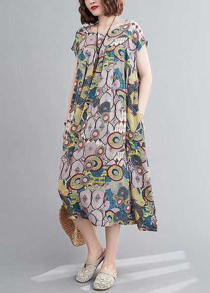 Vivid yellow print outfit o neck Cinched baggy summer Dress - SooLinen