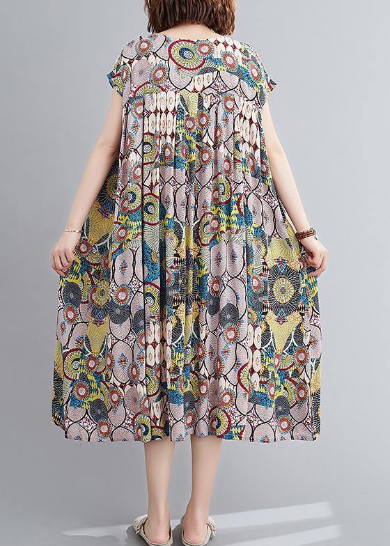 Vivid yellow print outfit o neck Cinched baggy summer Dress - SooLinen