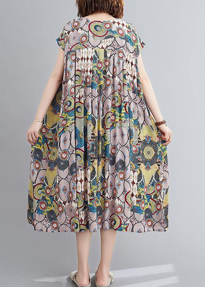 Vivid yellow print outfit o neck Cinched baggy summer Dress - SooLinen