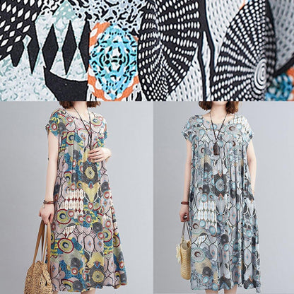 Vivid yellow print outfit o neck Cinched baggy summer Dress - SooLinen