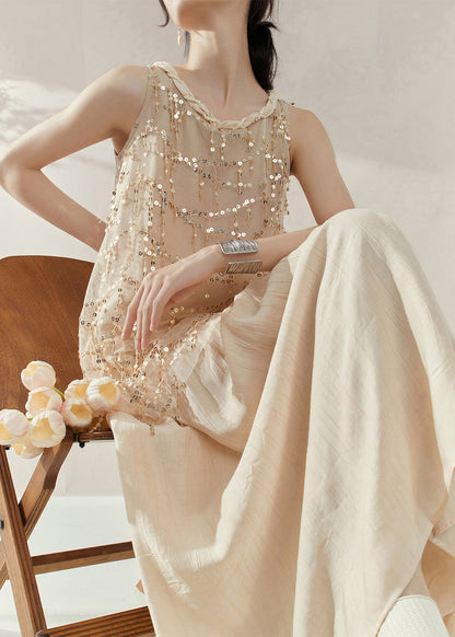 Vogue Apricot Long Dress Summer Sequins Patchwork