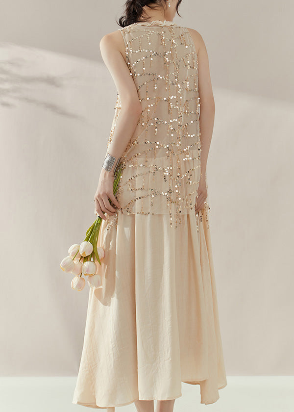 Vogue Apricot Long Dress Summer Sequins Patchwork