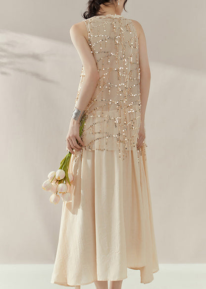 Vogue Apricot Long Dress Summer Sequins Patchwork