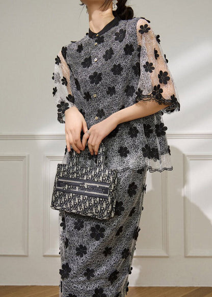 Vogue Black Embroidered Floral Tulle Top And Maxi Skirts Two Pieces Set Short Sleeve