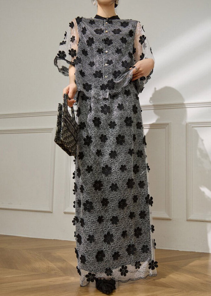 Vogue Black Embroidered Floral Tulle Top And Maxi Skirts Two Pieces Set Short Sleeve