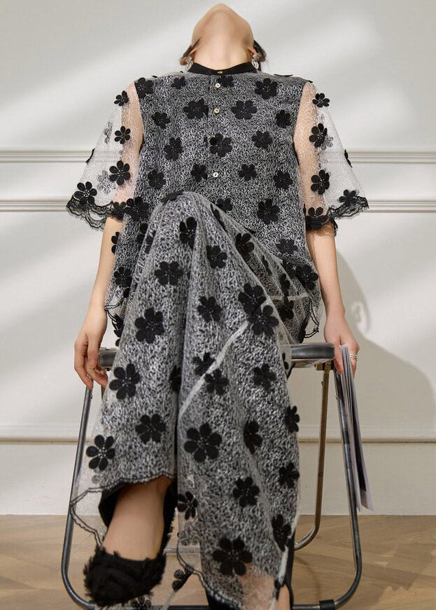 Vogue Black Embroidered Floral Tulle Top And Maxi Skirts Two Pieces Set Short Sleeve