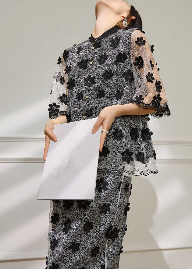 Vogue Black Embroidered Floral Tulle Top And Maxi Skirts Two Pieces Set Short Sleeve