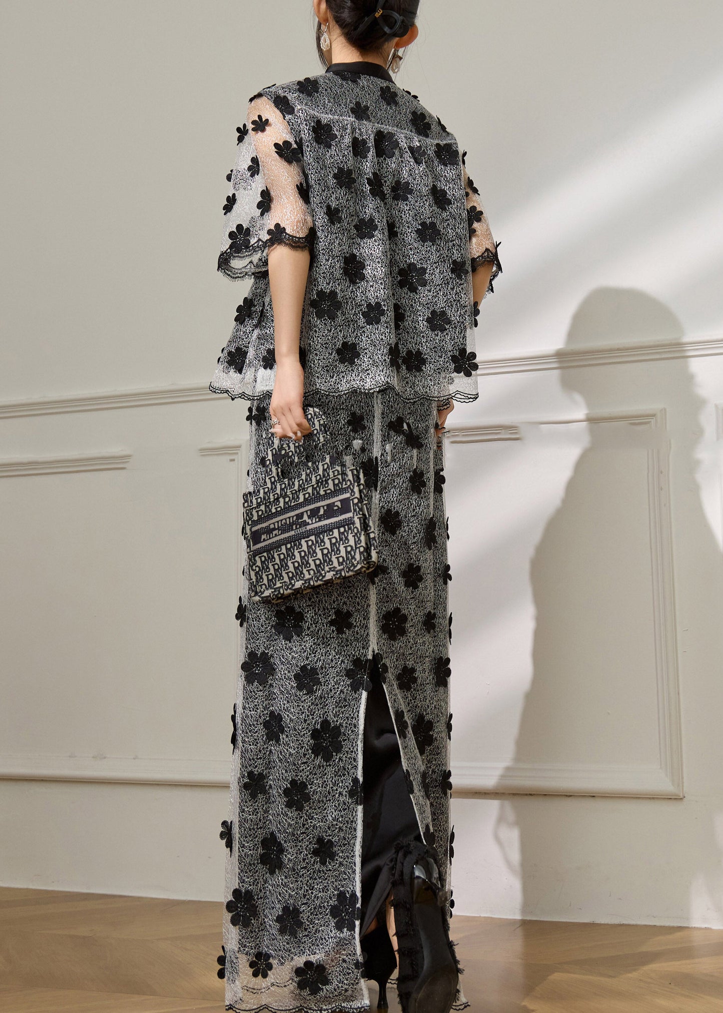 Vogue Black Embroidered Floral Tulle Top And Maxi Skirts Two Pieces Set Short Sleeve