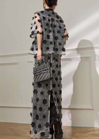 Vogue Black Embroidered Floral Tulle Top And Maxi Skirts Two Pieces Set Short Sleeve