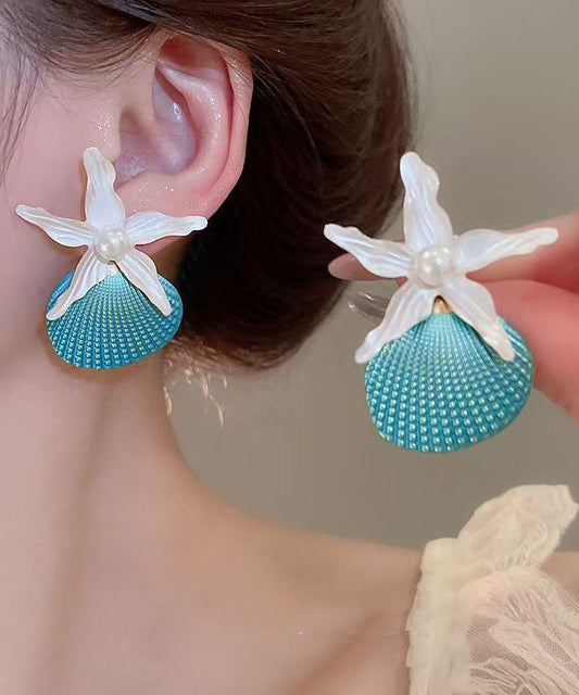 Pendientes de botón con forma de estrella de mar y concha de perla de aleación azul Vogue