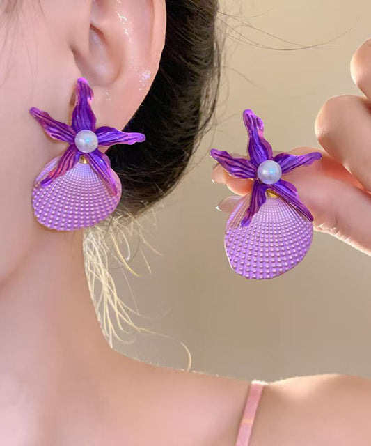 Pendientes de botón con forma de estrella de mar y concha de perla de aleación azul Vogue