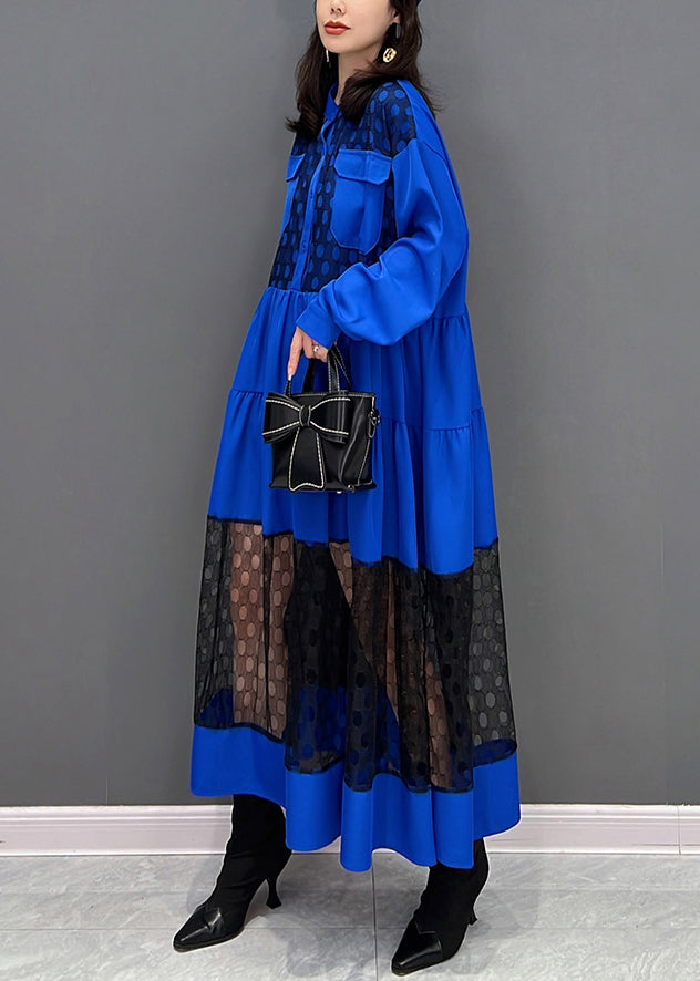 Vogue Blau O-Ausschnitt Dot Patchwork Faltig Tüll Maxi Kleider Herbst