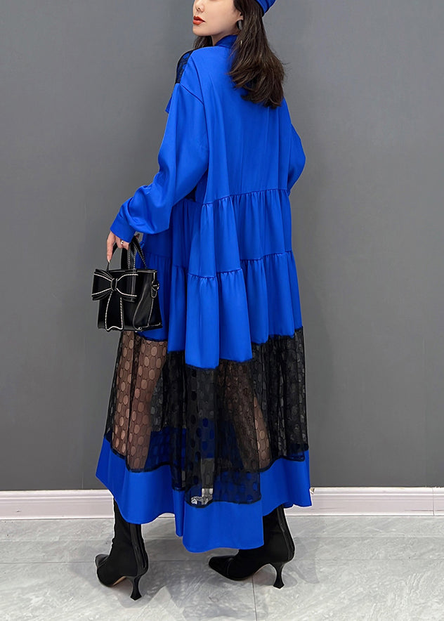Vogue Blau O-Ausschnitt Dot Patchwork Faltig Tüll Maxi Kleider Herbst