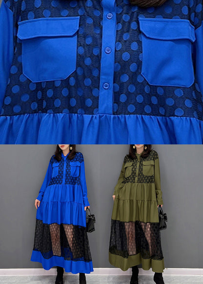 Vogue Blau O-Ausschnitt Dot Patchwork Faltig Tüll Maxi Kleider Herbst