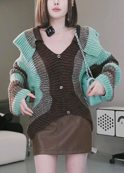 Vogue Blue Slash Neck Striped Thick Cotton Knit Sweaters Lantern Sleeve