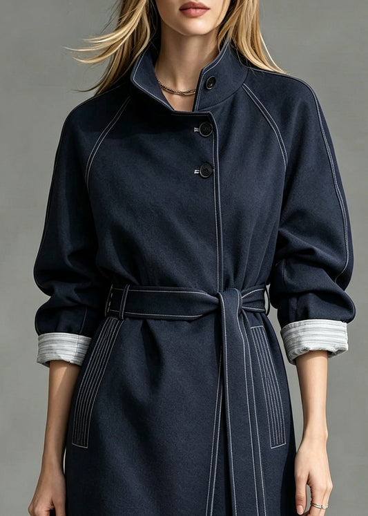 Vogue Blue Stand Collar Pockets Trench Coat Fall