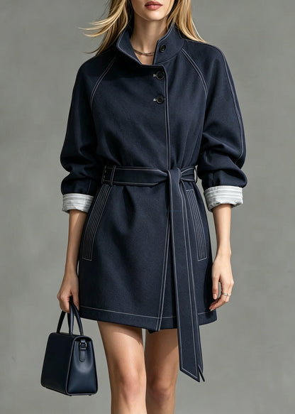 Vogue Blue Stand Collar Pockets Trench Coat Fall
