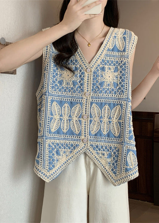 Vogue Blue V Neck Lace Patchwork Waistcoat Vest Sleeveless