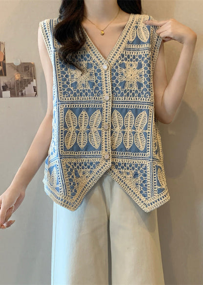 Vogue Blue V Neck Lace Patchwork Waistcoat Vest Sleeveless