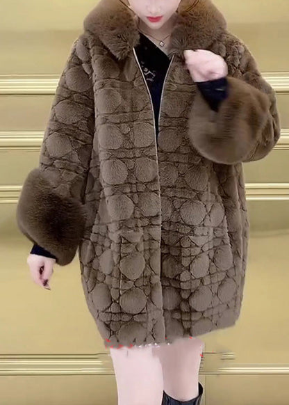 Vogue Braun Pelz Kragen Reißverschluss Nerz Samt Dicke Kapuze Mäntel Winter