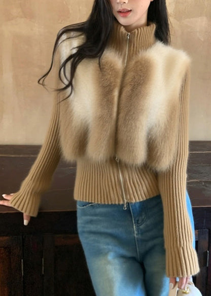 Vogue Winter-Cardigan mit Rollkragen, Reißverschluss und Patchwork-Design aus Baumwollstrick in Kaffeebraun