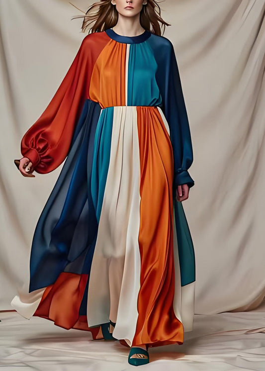 Vogue Colorblock O Hals Patchwork Drapieren Seide Maxi Kleider Langarm