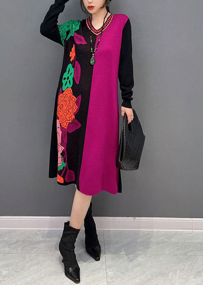 Vogue Colorblock V-Ausschnitt Patchwork Print Strickkleid Winter