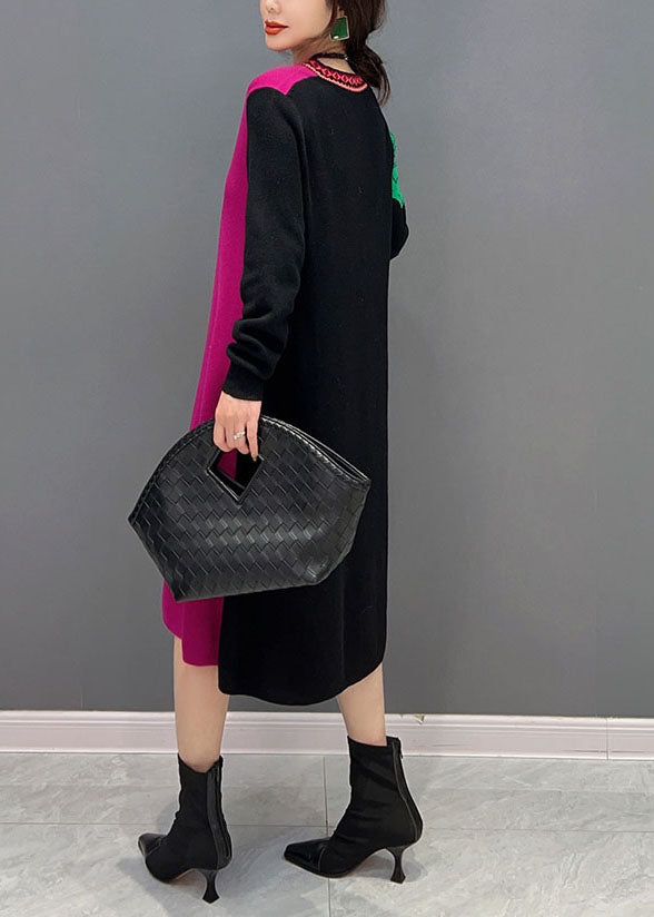 Vogue Colorblock V-Ausschnitt Patchwork Print Strickkleid Winter