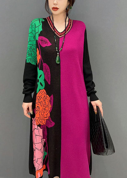 Vogue Colorblock V-Ausschnitt Patchwork Print Strickkleid Winter