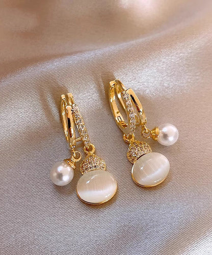 Vogue Gold Copper Alloy Zircon Cat Eye Stone Pearl Gourd Drop Earrings