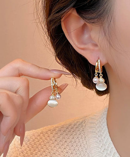 Vogue Gold Copper Alloy Zircon Cat Eye Stone Pearl Gourd Drop Earrings