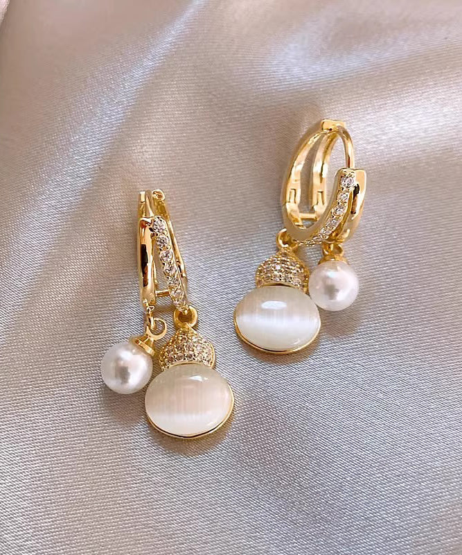 Vogue Gold Copper Alloy Zircon Cat Eye Stone Pearl Gourd Drop Earrings