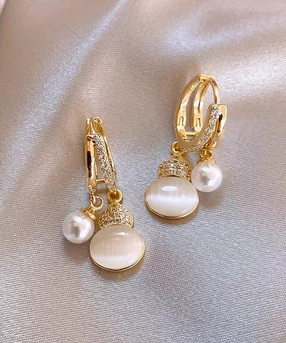 Vogue Gold Copper Alloy Zircon Cat Eye Stone Pearl Gourd Drop Earrings