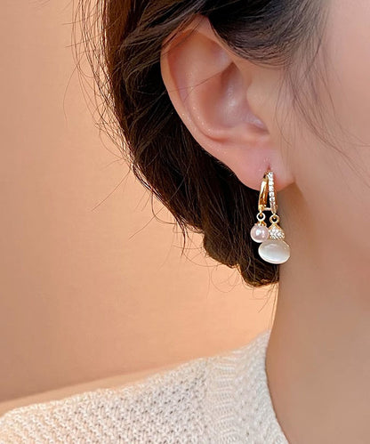 Vogue Gold Copper Alloy Zircon Cat Eye Stone Pearl Gourd Drop Earrings