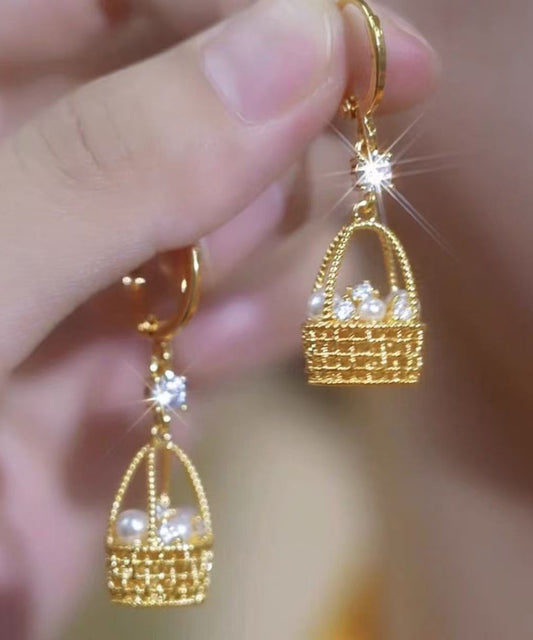 Pendientes colgantes con forma de cesta de flores de circonita y aleación de cobre y oro de Vogue