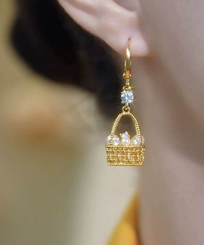 Pendientes colgantes con forma de cesta de flores de circonita y aleación de cobre y oro de Vogue