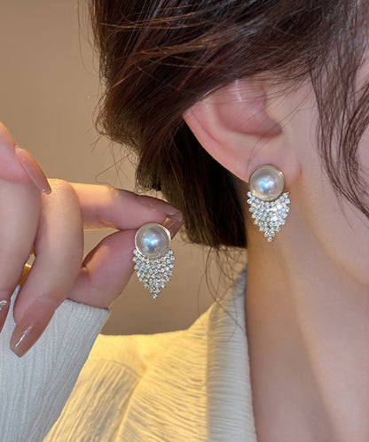 Vogue Gold Copper Alloy Zircon Pearl Stud Earrings