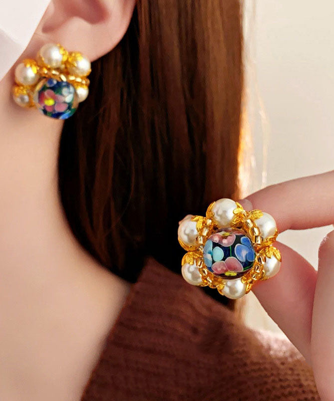 Vogue Gold Copper Overgild Coloured Glaze Floral Pearl Stud Earrings