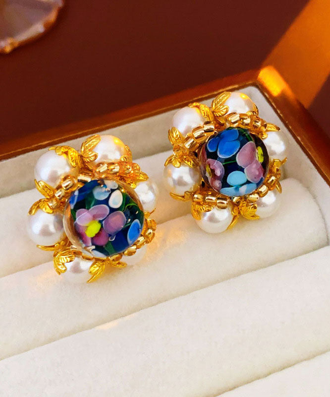 Vogue Gold Copper Overgild Coloured Glaze Floral Pearl Stud Earrings