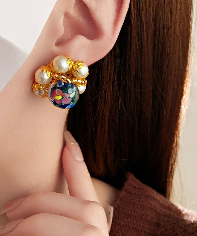 Vogue Gold Copper Overgild Coloured Glaze Floral Pearl Stud Earrings