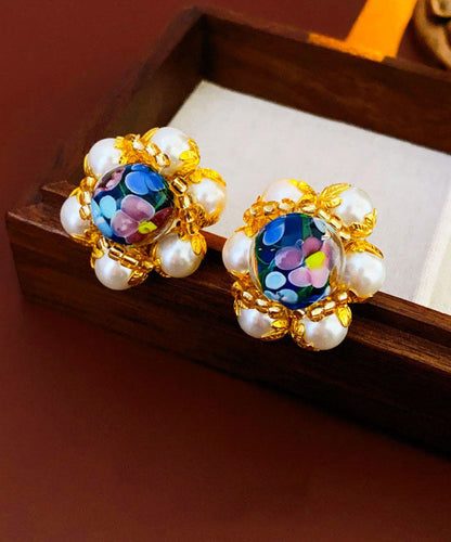 Vogue Gold Copper Overgild Coloured Glaze Floral Pearl Stud Earrings