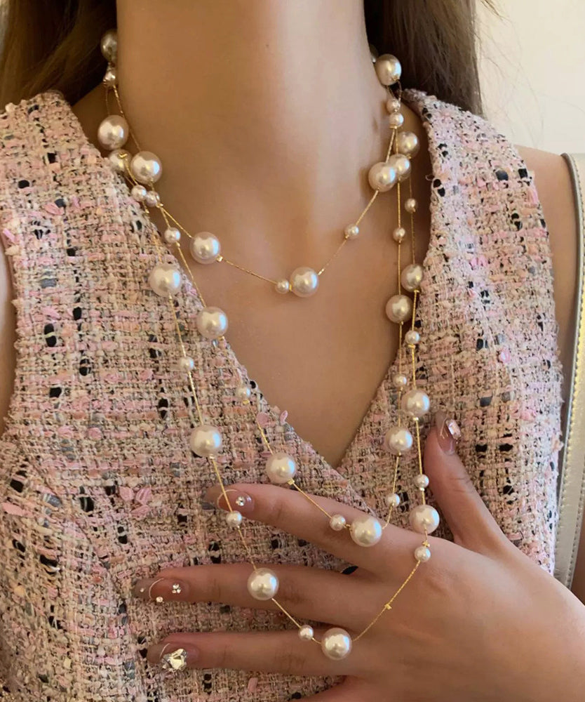Vogue Gold Copper Overgild Pearl Beading Tassel Gratuated Bead Necklace