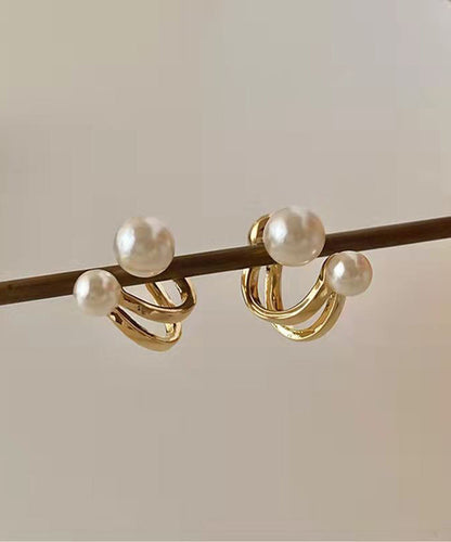 Pendientes de aro con perlas doradas de plata esterlina Vogue Gold