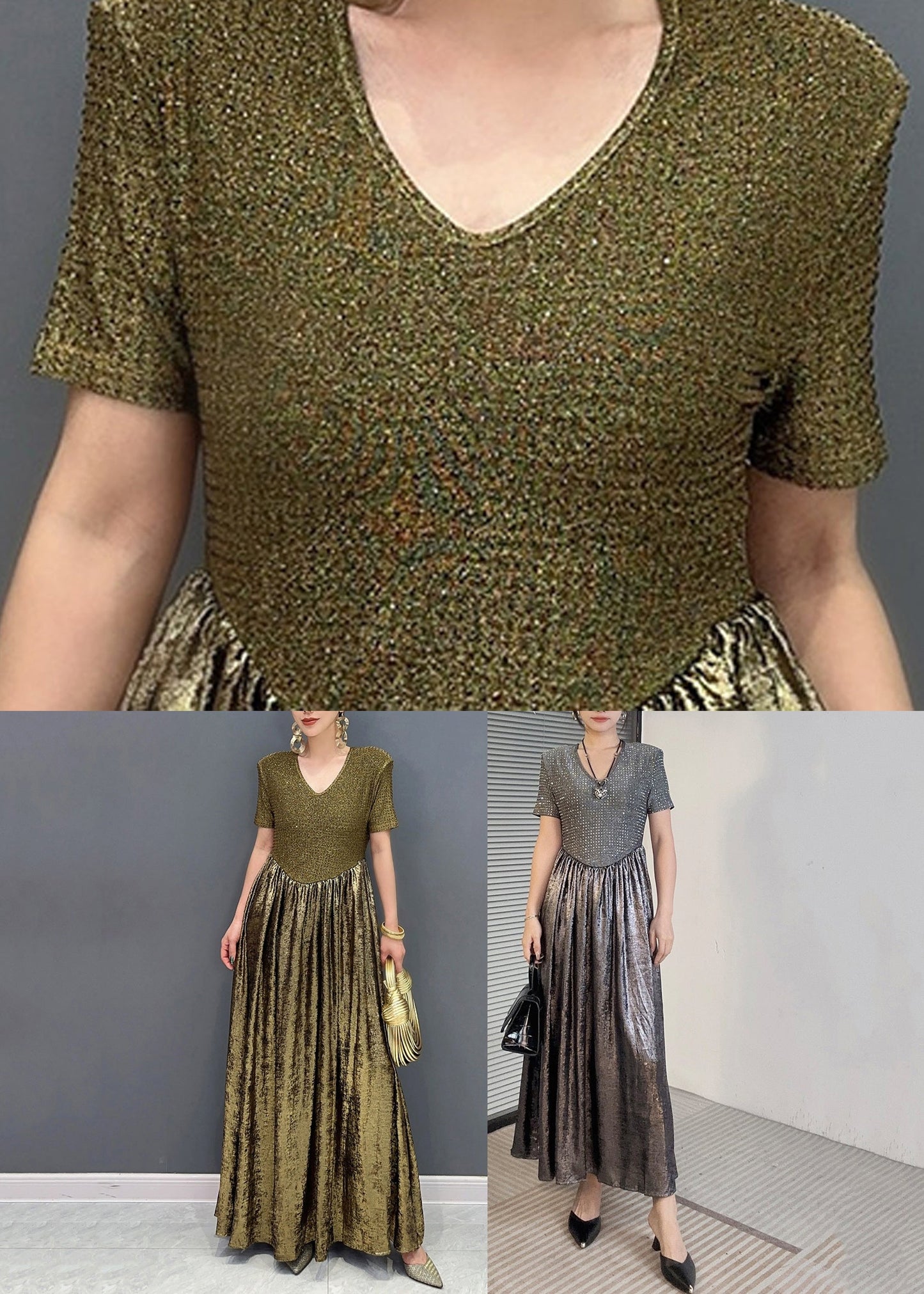Vogue Gold V-Ausschnitt Pailletten Lange Kleider Sommer