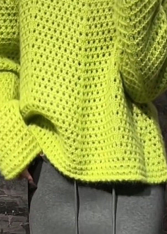 Suéter de punto de algodón calado con cuello redondo verde Vogue Primavera